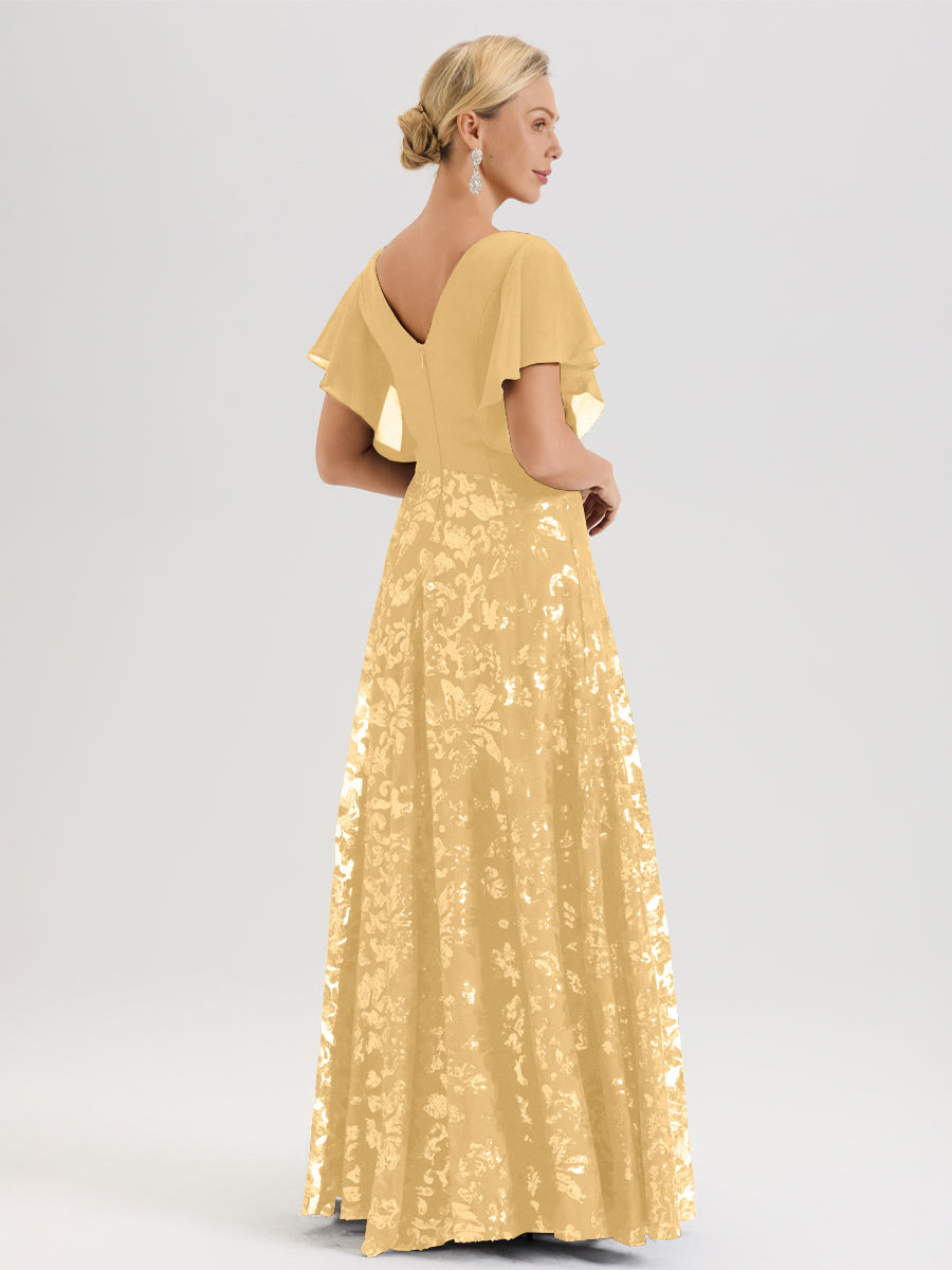 Cicinia Robe Mère De La Mariée Dorée Longueur Au Sol En Chiffon Et Dentelle Décolleté En V À Manches Courtes Volantées Silhouette A-Line