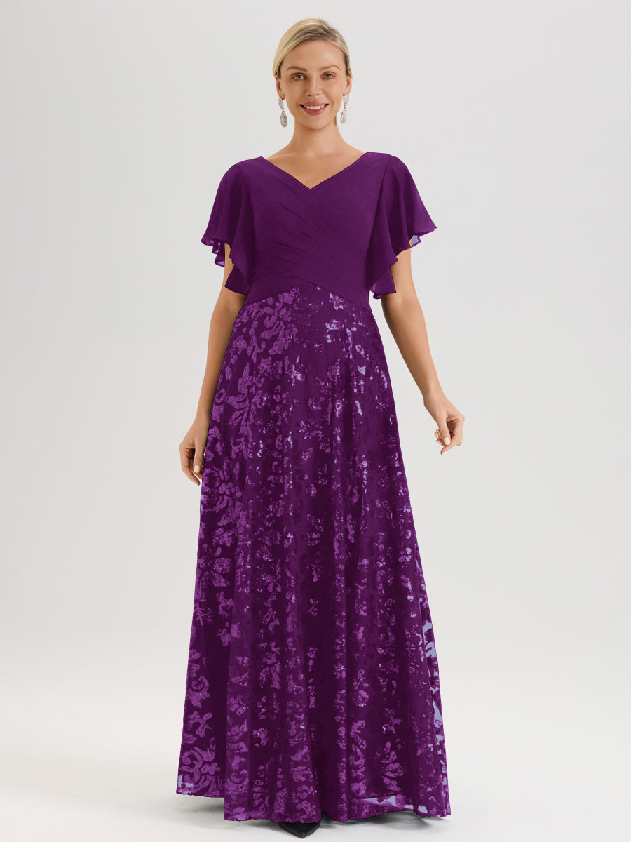 Cicinia Robe Mère De La Mariée En Raisin Longueur Au Sol En Chiffon Et Dentelle Décolleté En V À Manches Courtes Volantées Silhouette A-Line