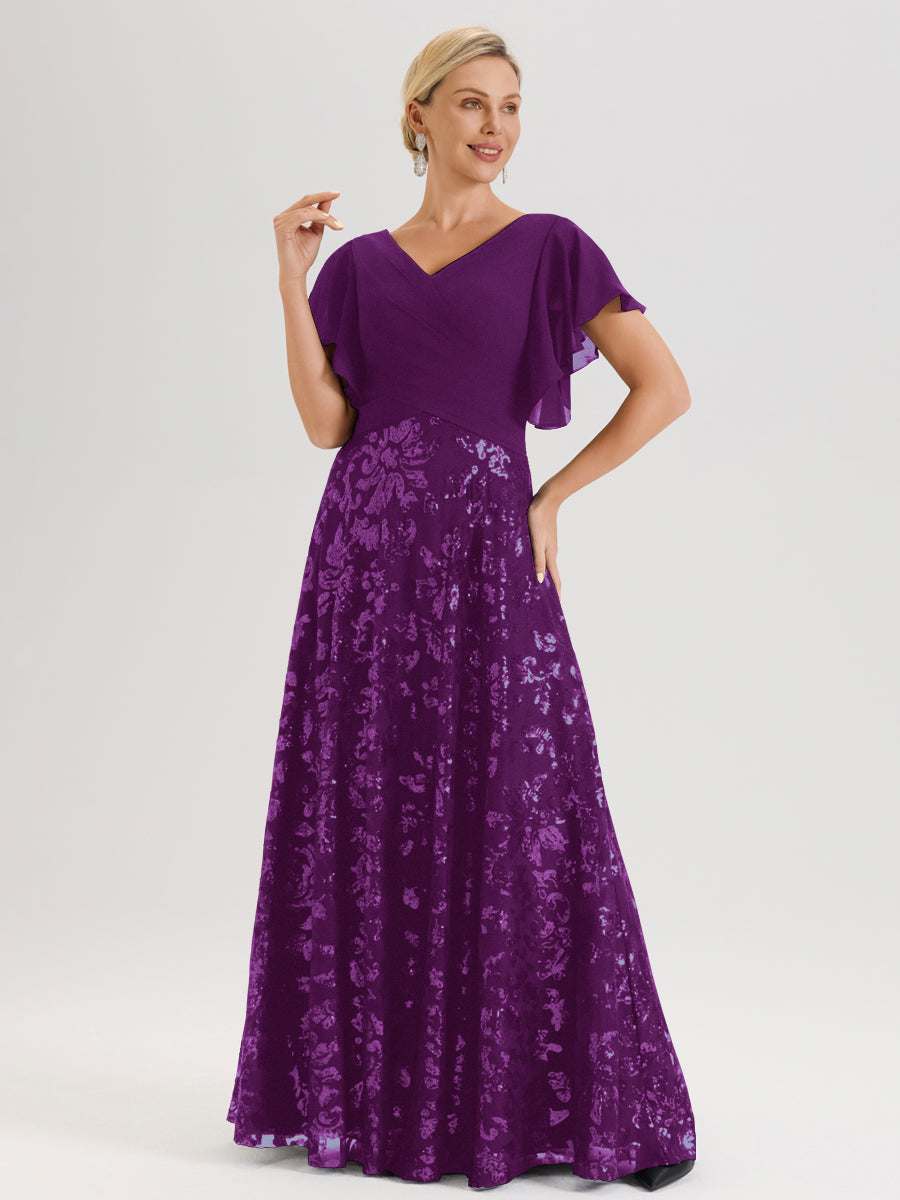Cicinia Robe Mère De La Mariée En Raisin Longueur Au Sol En Chiffon Et Dentelle Décolleté En V À Manches Courtes Volantées Silhouette A-Line