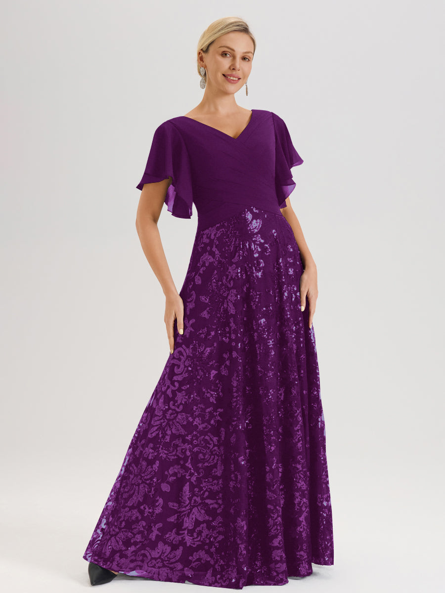 Cicinia Robe Mère De La Mariée En Raisin Longueur Au Sol En Chiffon Et Dentelle Décolleté En V À Manches Courtes Volantées Silhouette A-Line