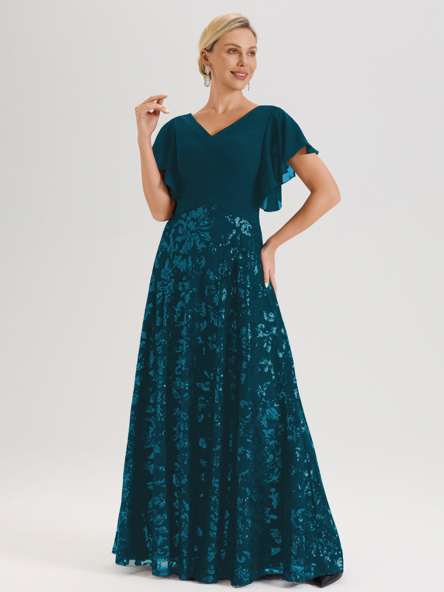 Cicinia Robe Mère De La Mariée Bleu Encre Longueur Au Sol En Chiffon Et Dentelle Décolleté En V À Manches Courtes Volantées Silhouette A-Line