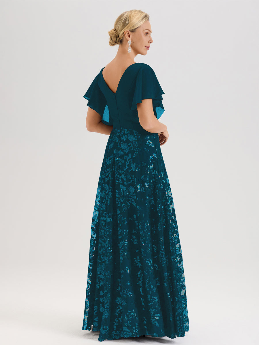 Cicinia Robe Mère De La Mariée Bleu Encre Longueur Au Sol En Chiffon Et Dentelle Décolleté En V À Manches Courtes Volantées Silhouette A-Line