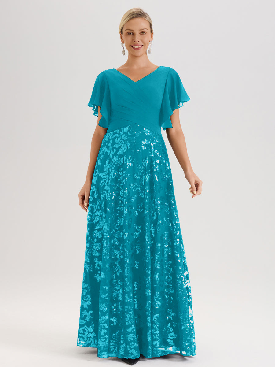 Cicinia Robe Mère De La Mariée Vert Jade Longueur Au Sol En Chiffon Et Dentelle Décolleté En V À Manches Courtes Volantées Silhouette A-Line