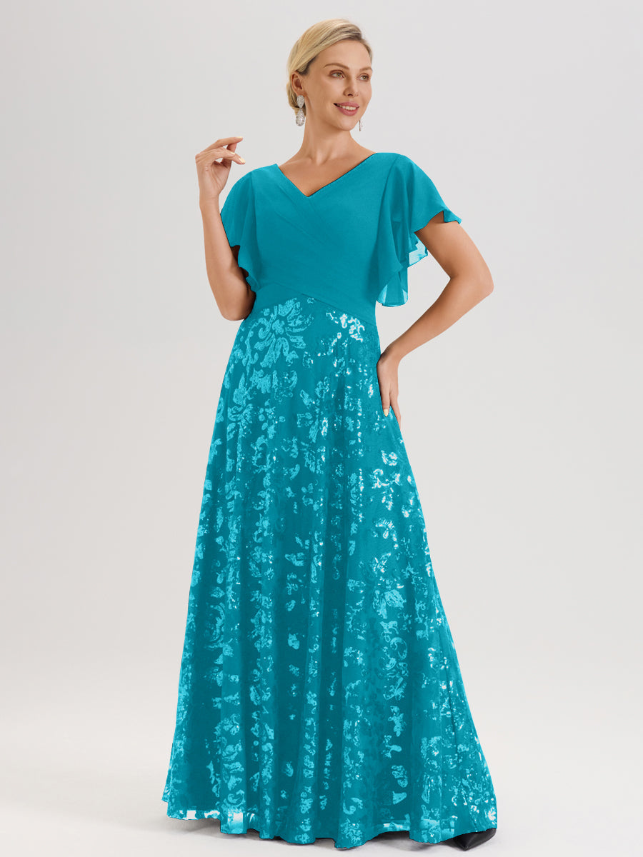 Cicinia Robe Mère De La Mariée Vert Jade Longueur Au Sol En Chiffon Et Dentelle Décolleté En V À Manches Courtes Volantées Silhouette A-Line