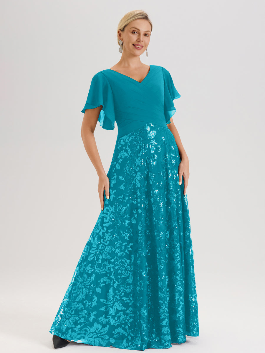 Cicinia Robe Mère De La Mariée Vert Jade Longueur Au Sol En Chiffon Et Dentelle Décolleté En V À Manches Courtes Volantées Silhouette A-Line