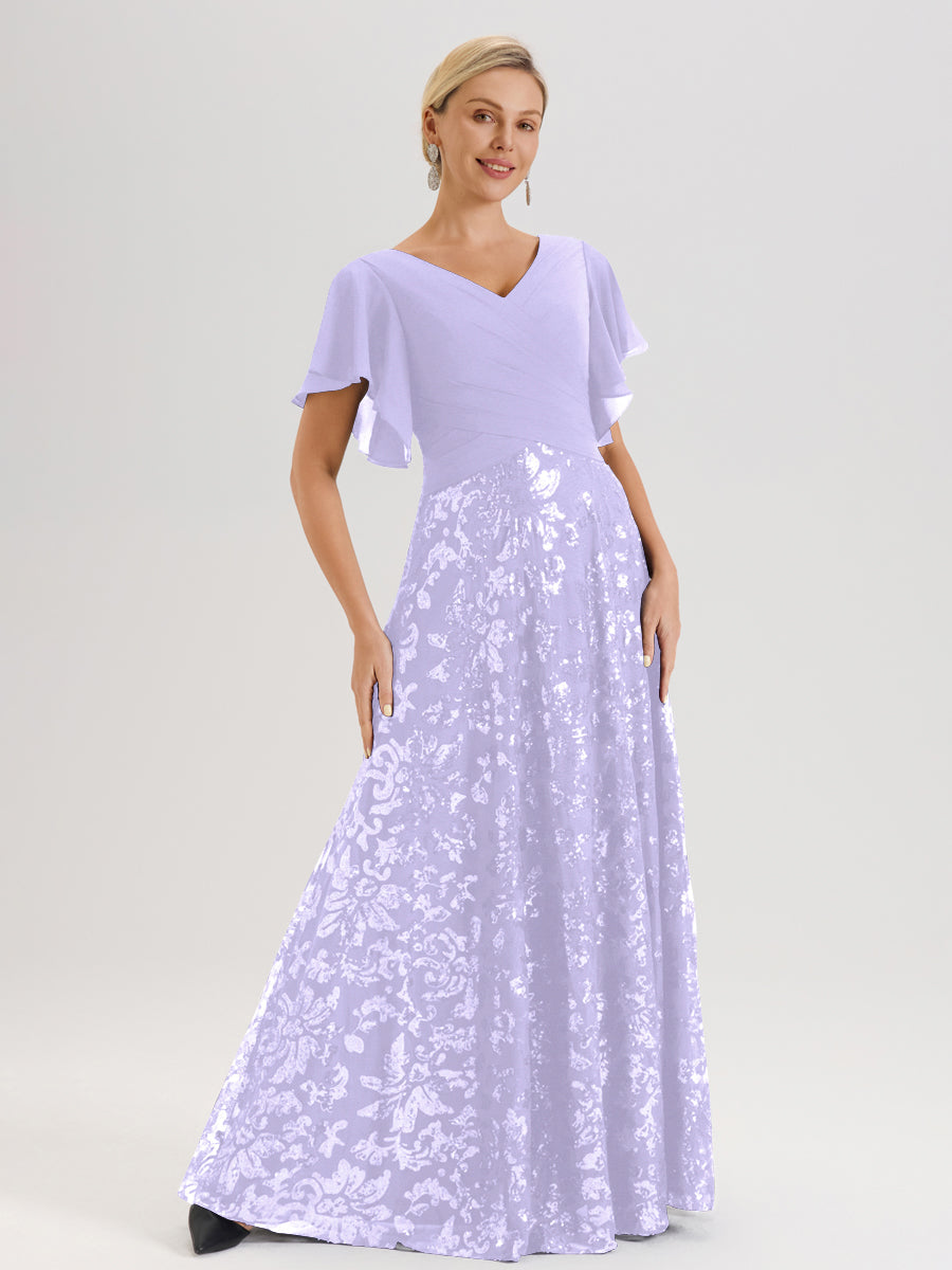 Cicinia Robe Mère De La Mariée Lilas Longueur Au Sol En Chiffon Et Dentelle Décolleté En V À Manches Courtes Volantées Silhouette A-Line