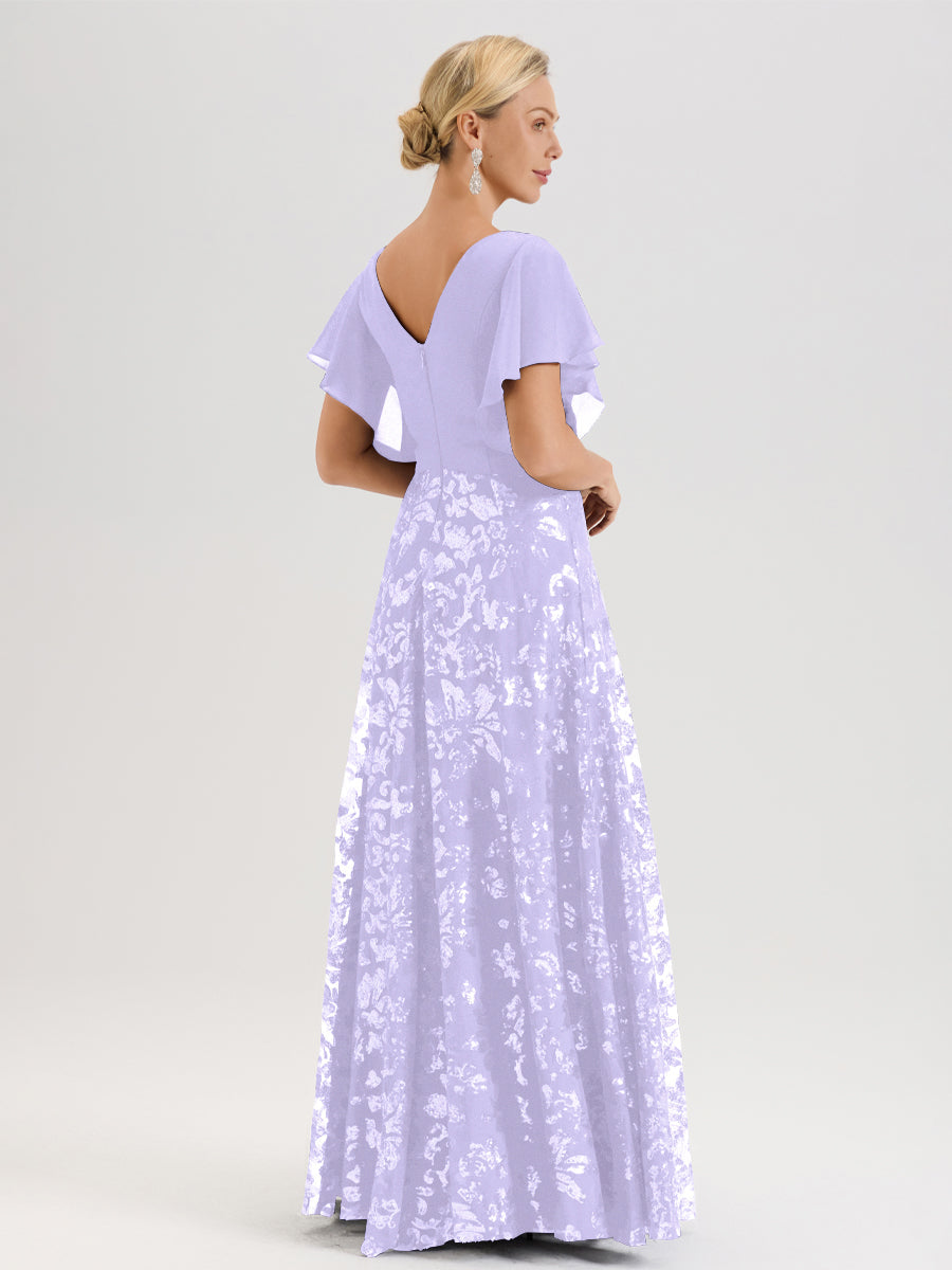 Cicinia Robe Mère De La Mariée Lilas Longueur Au Sol En Chiffon Et Dentelle Décolleté En V À Manches Courtes Volantées Silhouette A-Line