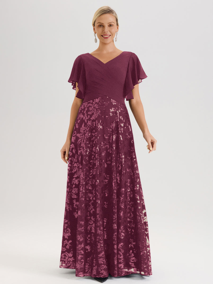 Cicinia Robe Mère De La Mariée Mûre Longueur Au Sol En Chiffon Et Dentelle Décolleté En V À Manches Courtes Volantées Silhouette A-Line