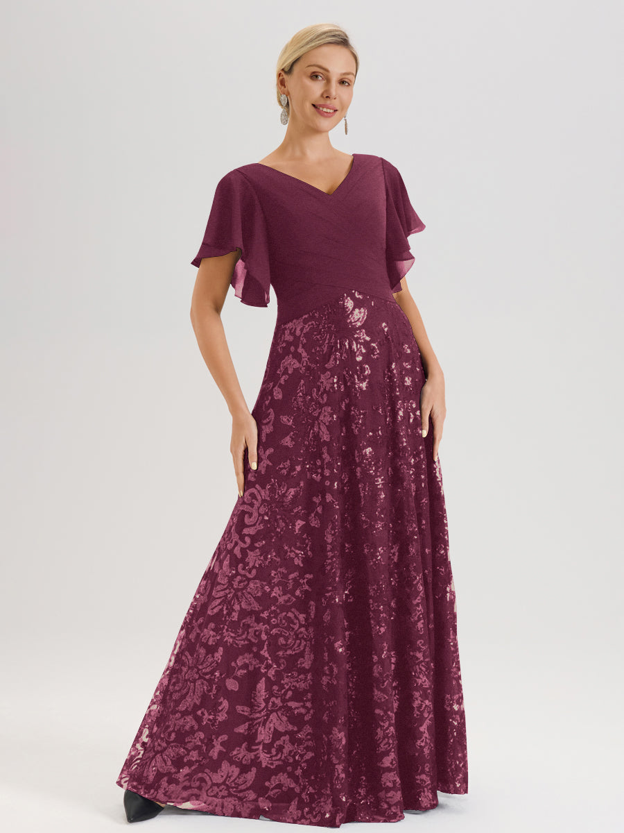 Cicinia Robe Mère De La Mariée Mûre Longueur Au Sol En Chiffon Et Dentelle Décolleté En V À Manches Courtes Volantées Silhouette A-Line