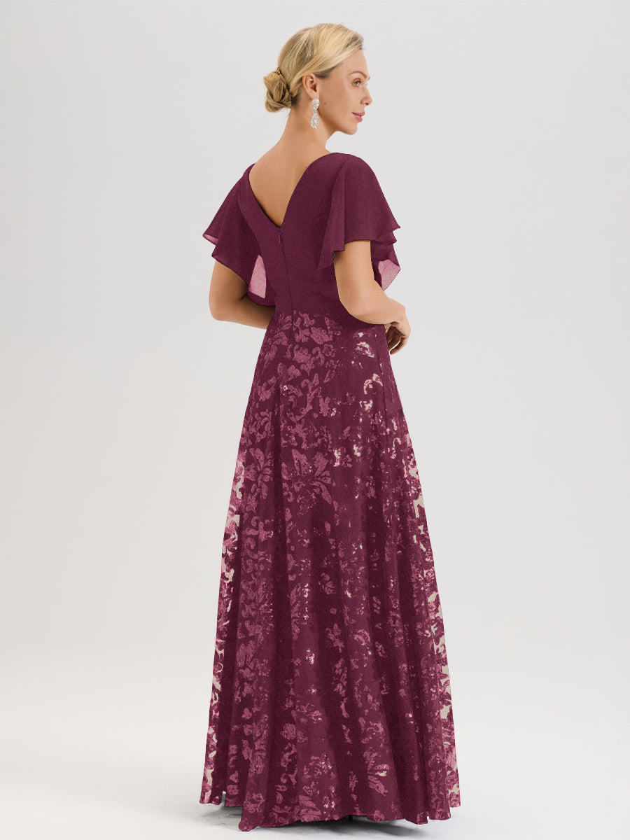 Cicinia Robe Mère De La Mariée Mûre Longueur Au Sol En Chiffon Et Dentelle Décolleté En V À Manches Courtes Volantées Silhouette A-Line