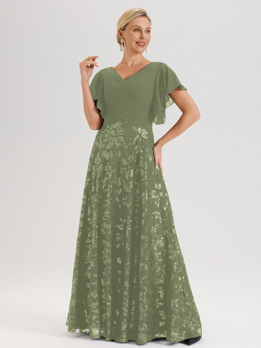 Cicinia Robe Mère De La Mariée Olive Longueur Au Sol En Chiffon Et Dentelle Décolleté En V À Manches Courtes Volantées Silhouette A-Line