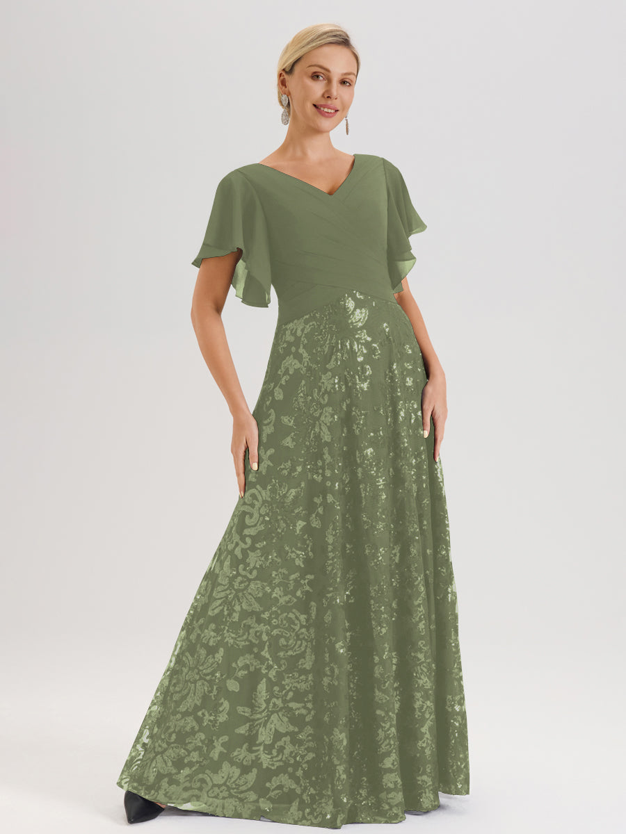 Cicinia Robe Mère De La Mariée Olive Longueur Au Sol En Chiffon Et Dentelle Décolleté En V À Manches Courtes Volantées Silhouette A-Line