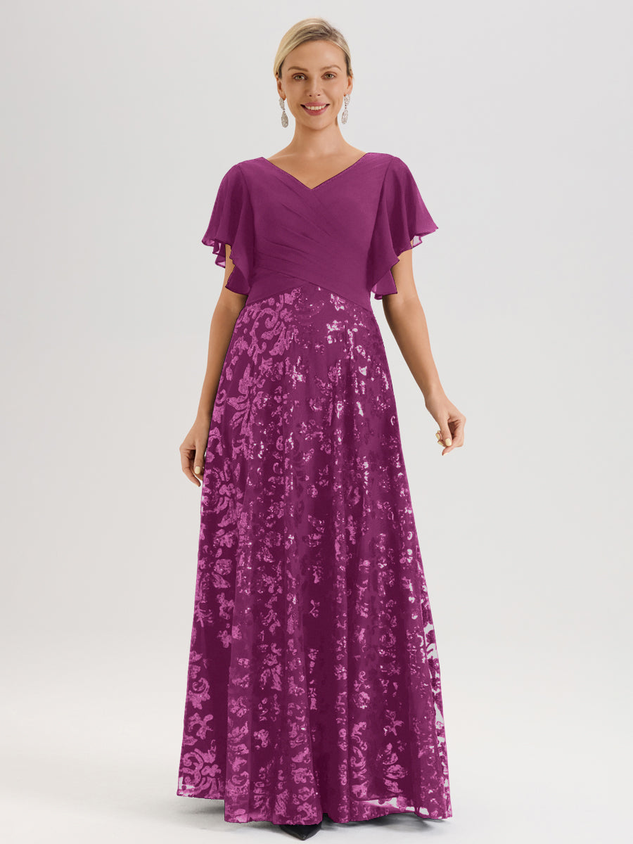 Cicinia Robe Mère De La Mariée Orchidée Longueur Au Sol En Chiffon Et Dentelle Décolleté En V À Manches Courtes Volantées Silhouette A-Line
