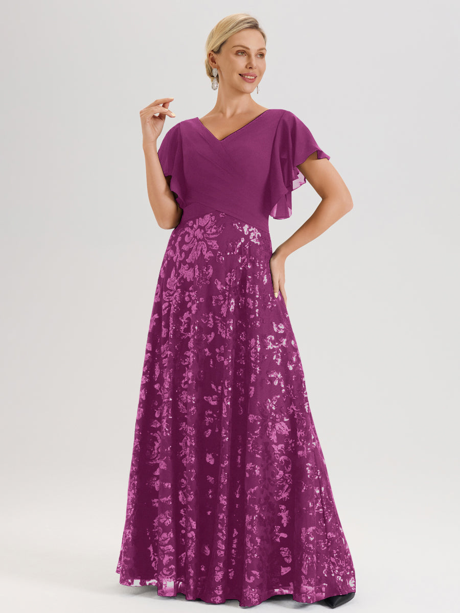 Cicinia Robe Mère De La Mariée Orchidée Longueur Au Sol En Chiffon Et Dentelle Décolleté En V À Manches Courtes Volantées Silhouette A-Line