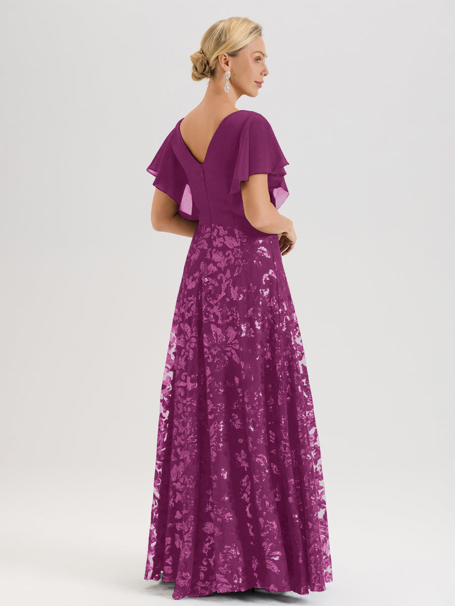 Cicinia Robe Mère De La Mariée Orchidée Longueur Au Sol En Chiffon Et Dentelle Décolleté En V À Manches Courtes Volantées Silhouette A-Line