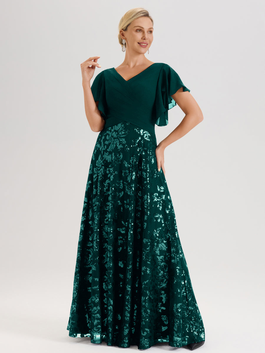 Cicinia Robe Mère De La Mariée Bleu Paon Longueur Au Sol En Chiffon Et Dentelle Décolleté En V À Manches Courtes Volantées Silhouette A-Line