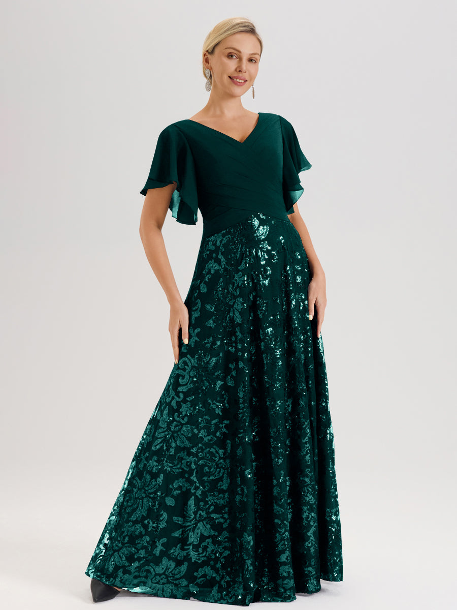 Cicinia Robe Mère De La Mariée Bleu Paon Longueur Au Sol En Chiffon Et Dentelle Décolleté En V À Manches Courtes Volantées Silhouette A-Line