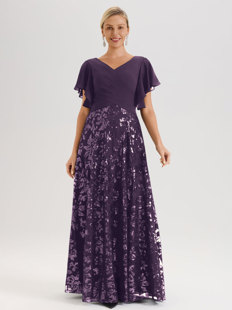 Cicinia Robe Mère De La Mariée En Plum Longueur Au Sol En Chiffon Et Dentelle Décolleté En V À Manches Courtes Volantées Silhouette A-Line