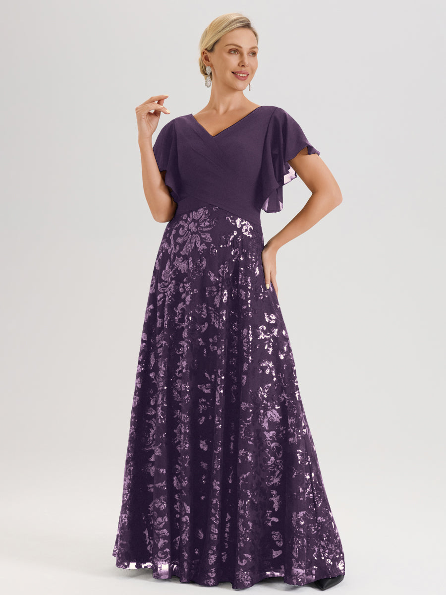 Cicinia Robe Mère De La Mariée En Plum Longueur Au Sol En Chiffon Et Dentelle Décolleté En V À Manches Courtes Volantées Silhouette A-Line