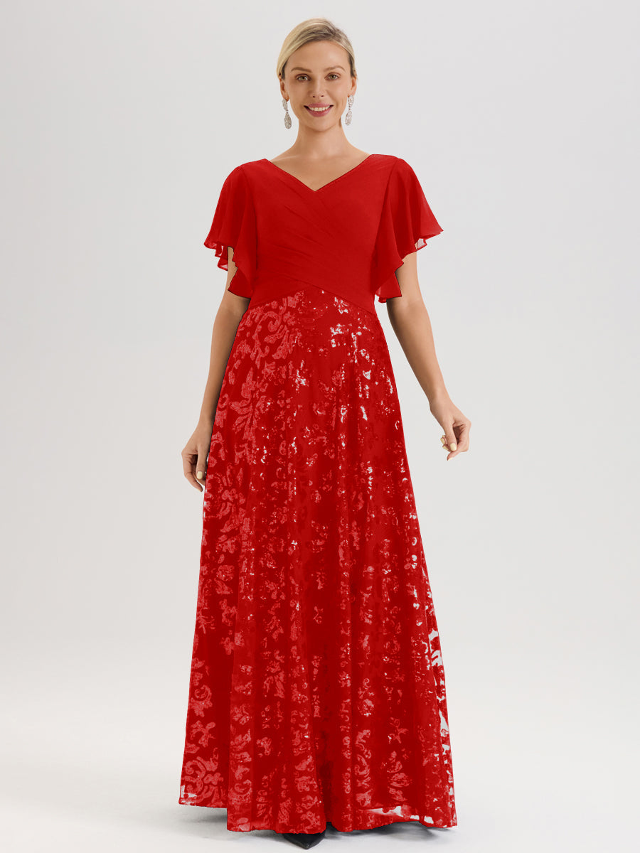 Cicinia Robe Mère De La Mariée Rouge Longueur Au Sol En Chiffon Et Dentelle Décolleté En V À Manches Courtes Volantées Silhouette A-Line
