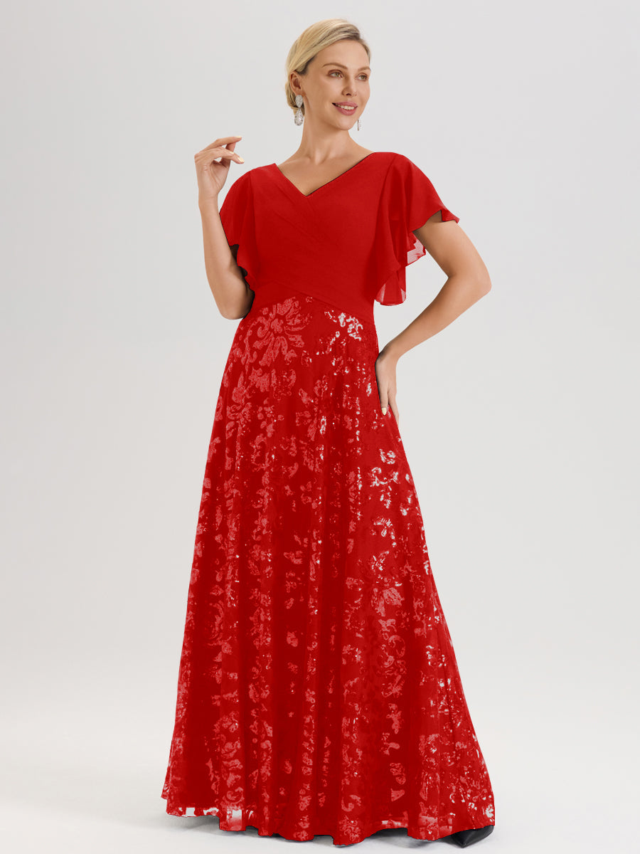 Cicinia Robe Mère De La Mariée Rouge Longueur Au Sol En Chiffon Et Dentelle Décolleté En V À Manches Courtes Volantées Silhouette A-Line