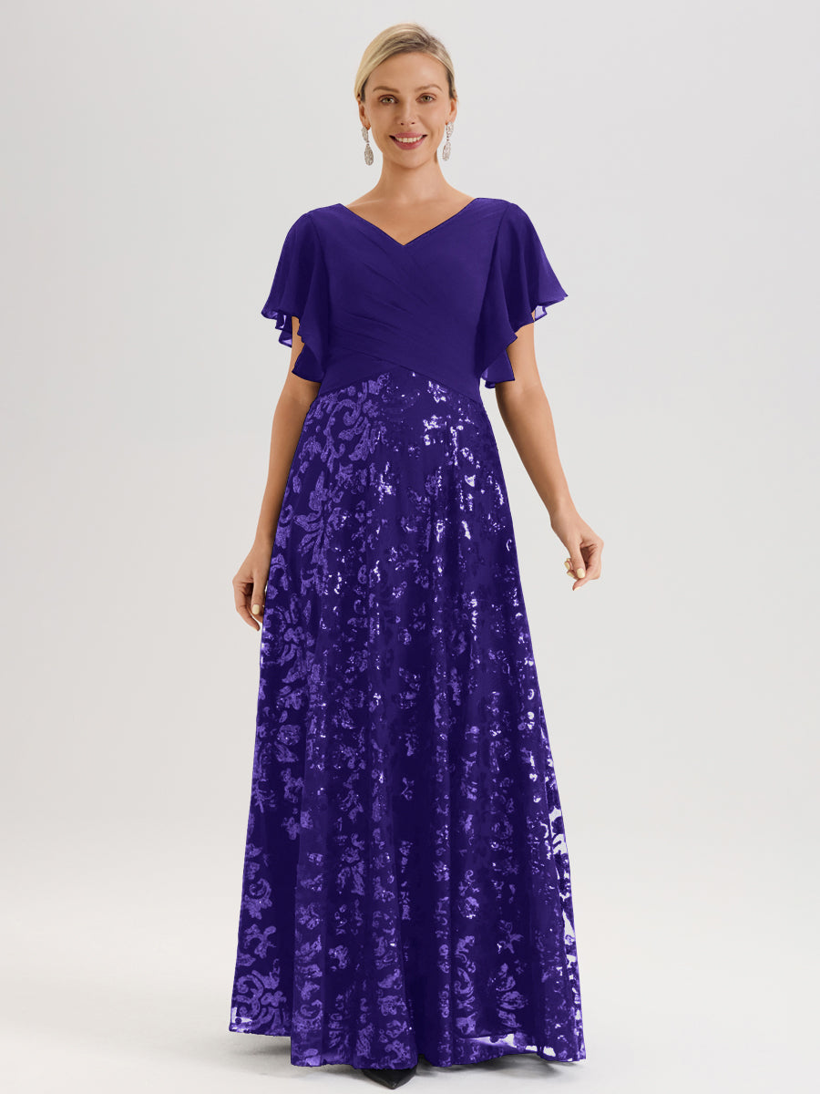Cicinia Robe Mère De La Mariée En Régence Longueur Au Sol En Chiffon Et Dentelle Décolleté En V À Manches Courtes Volantées Silhouette A-Line
