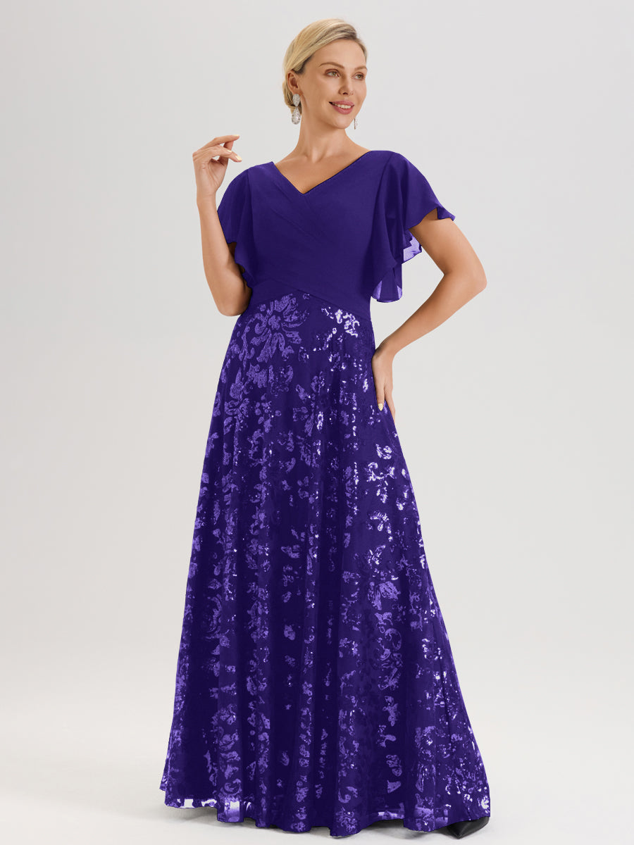 Cicinia Robe Mère De La Mariée En Régence Longueur Au Sol En Chiffon Et Dentelle Décolleté En V À Manches Courtes Volantées Silhouette A-Line