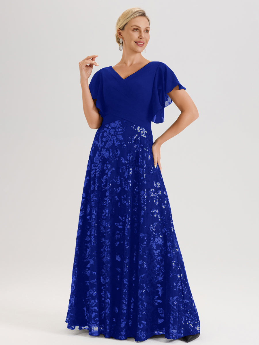 Cicinia Robe Mère De La Mariée Bleu Royal Longueur Au Sol En Chiffon Et Dentelle Décolleté En V À Manches Courtes Volantées Silhouette A-Line