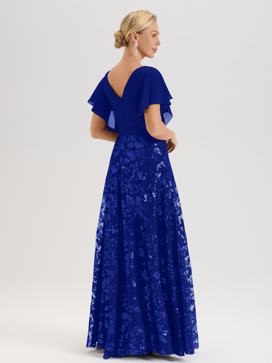 Cicinia Robe Mère De La Mariée Bleu Royal Longueur Au Sol En Chiffon Et Dentelle Décolleté En V À Manches Courtes Volantées Silhouette A-Line