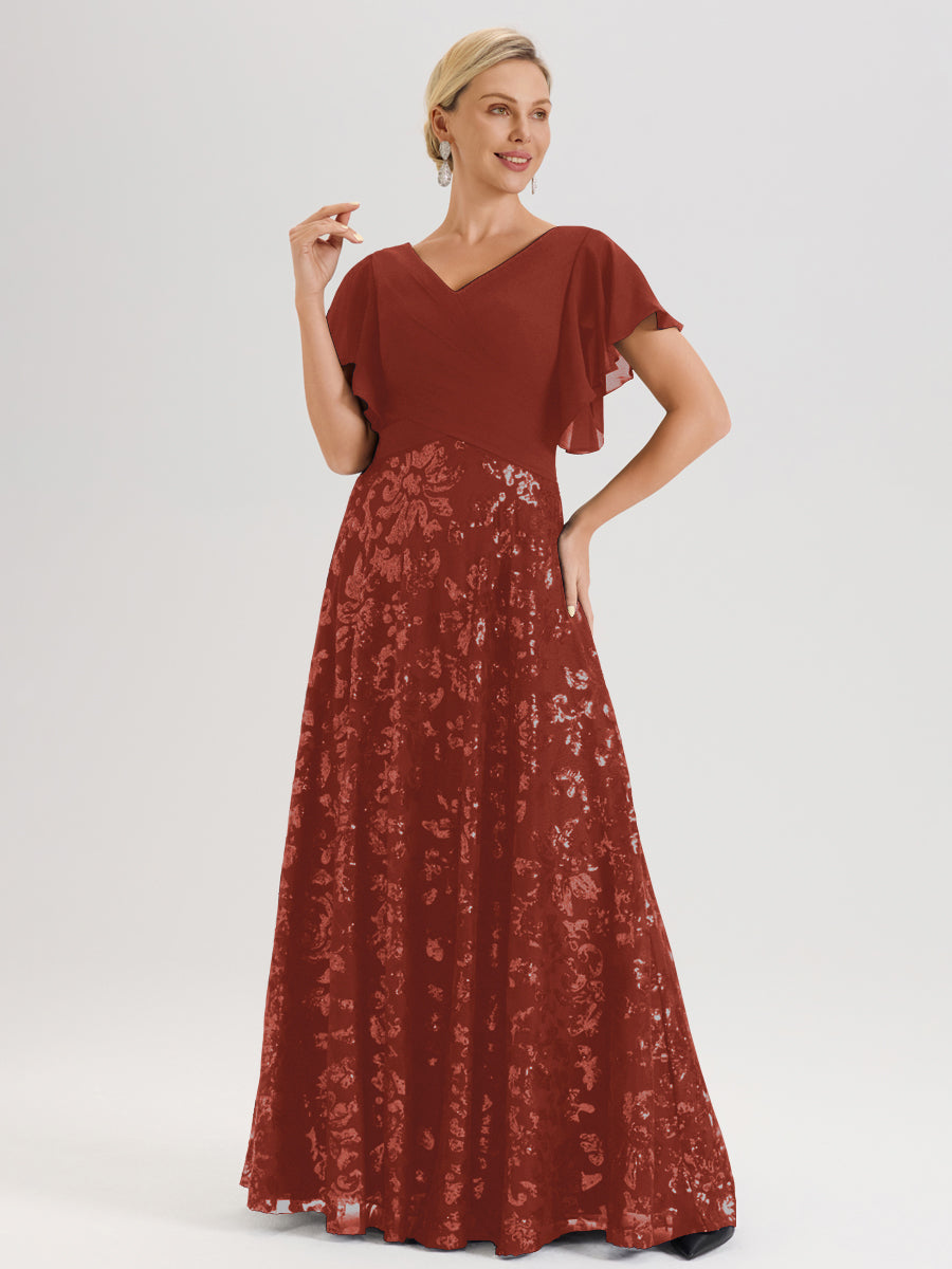 Cicinia Robe Mère De La Mariée Couleur Rouille Longueur Au Sol En Chiffon Et Dentelle Décolleté En V À Manches Courtes Volantées Silhouette A-Line