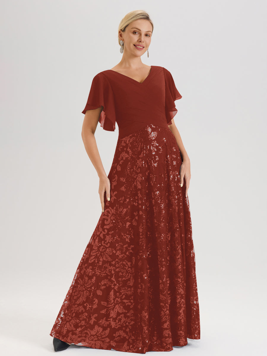 Cicinia Robe Mère De La Mariée Couleur Rouille Longueur Au Sol En Chiffon Et Dentelle Décolleté En V À Manches Courtes Volantées Silhouette A-Line