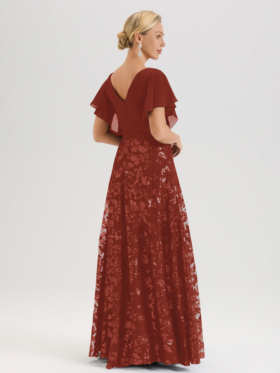Cicinia Robe Mère De La Mariée Couleur Rouille Longueur Au Sol En Chiffon Et Dentelle Décolleté En V À Manches Courtes Volantées Silhouette A-Line
