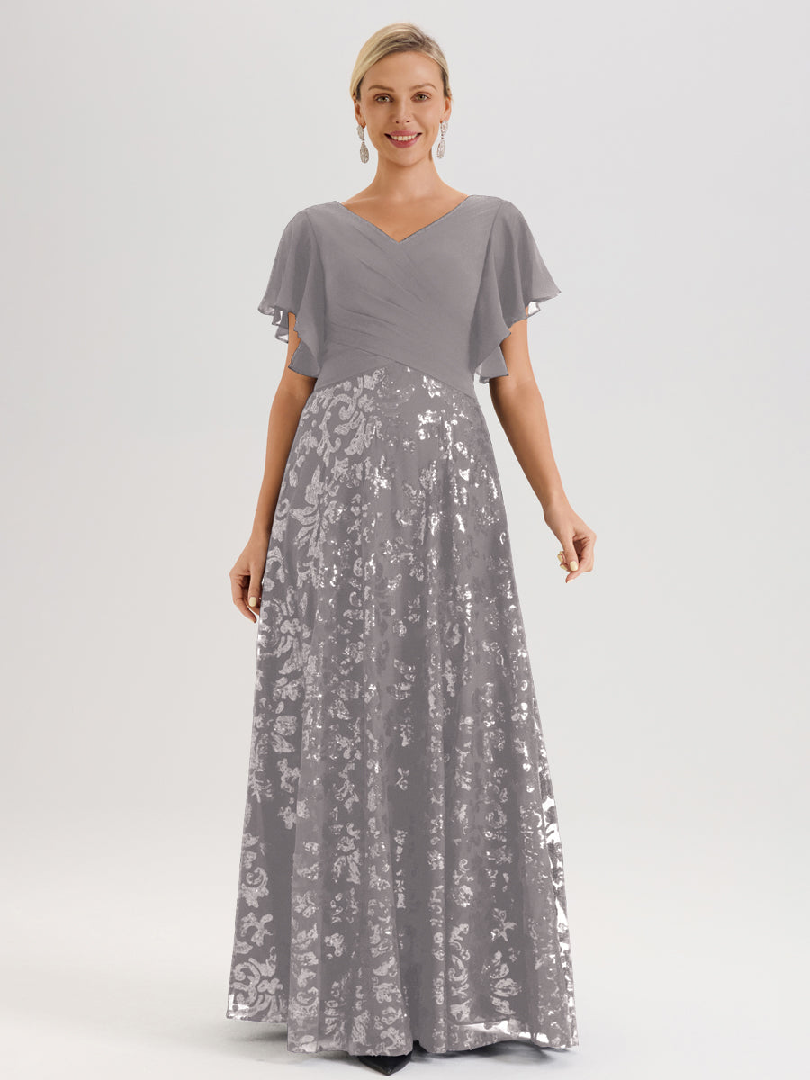 Cicinia Robe Mère De La Mariée Argenté Longueur Au Sol En Chiffon Et Dentelle Décolleté En V À Manches Courtes Volantées Silhouette A-Line