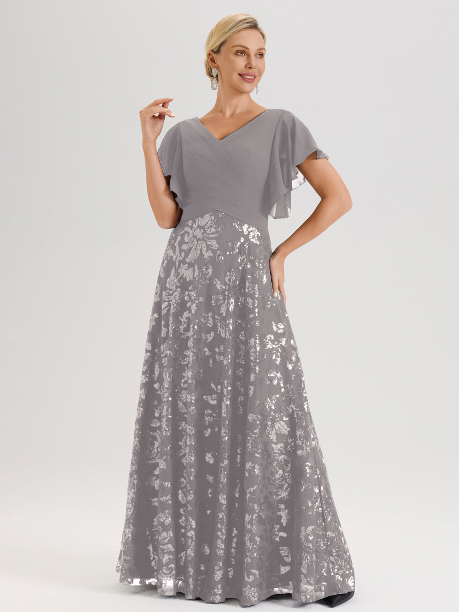 Cicinia Robe Mère De La Mariée Argenté Longueur Au Sol En Chiffon Et Dentelle Décolleté En V À Manches Courtes Volantées Silhouette A-Line
