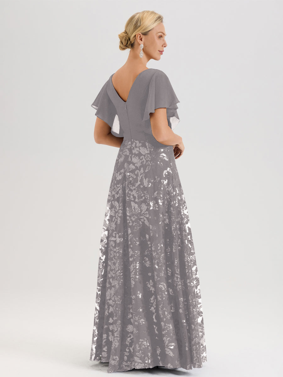 Cicinia Robe Mère De La Mariée Argenté Longueur Au Sol En Chiffon Et Dentelle Décolleté En V À Manches Courtes Volantées Silhouette A-Line