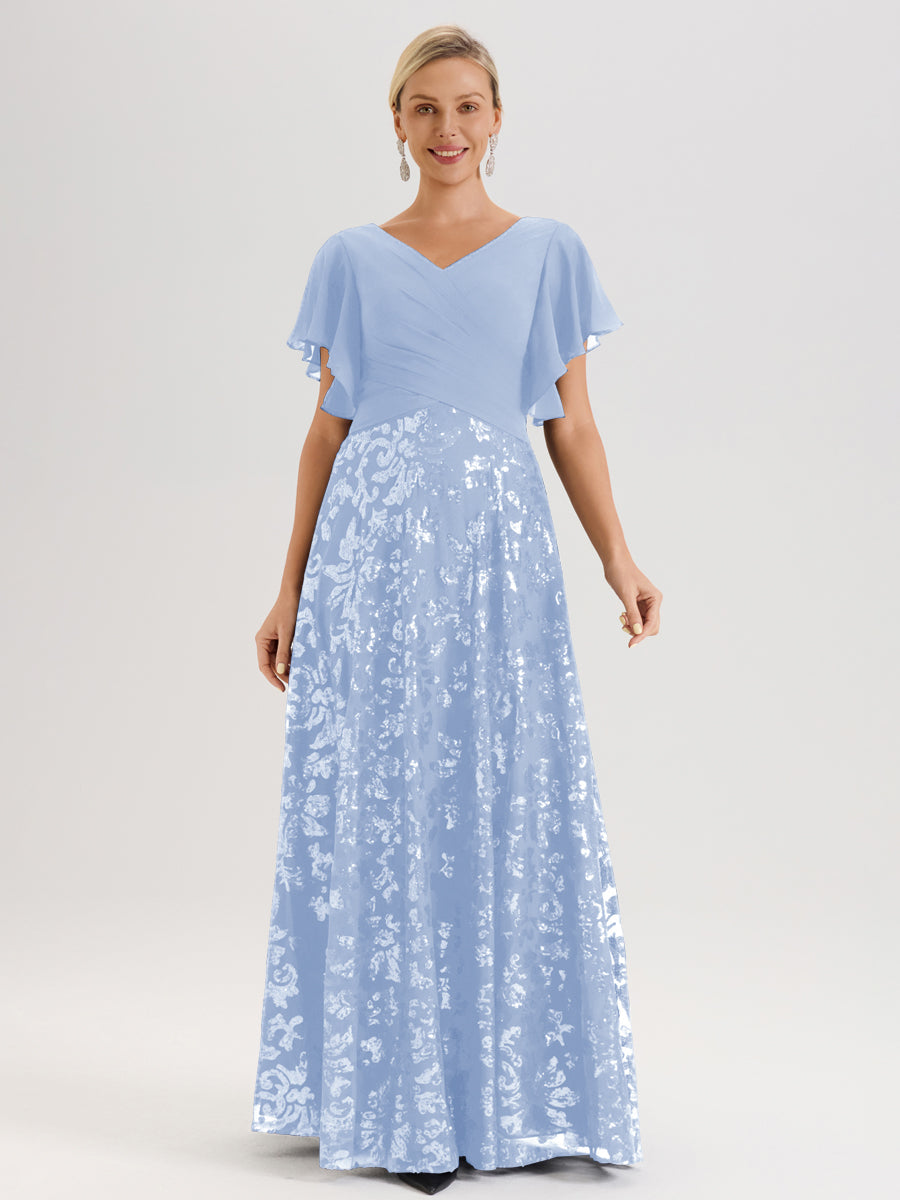 Cicinia Robe Mère De La Mariée Bleu Ciel Longueur Au Sol En Chiffon Et Dentelle Décolleté En V À Manches Courtes Volantées Silhouette A-Line