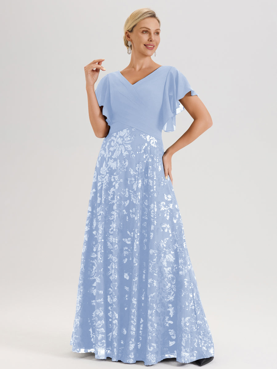 Cicinia Robe Mère De La Mariée Bleu Ciel Longueur Au Sol En Chiffon Et Dentelle Décolleté En V À Manches Courtes Volantées Silhouette A-Line