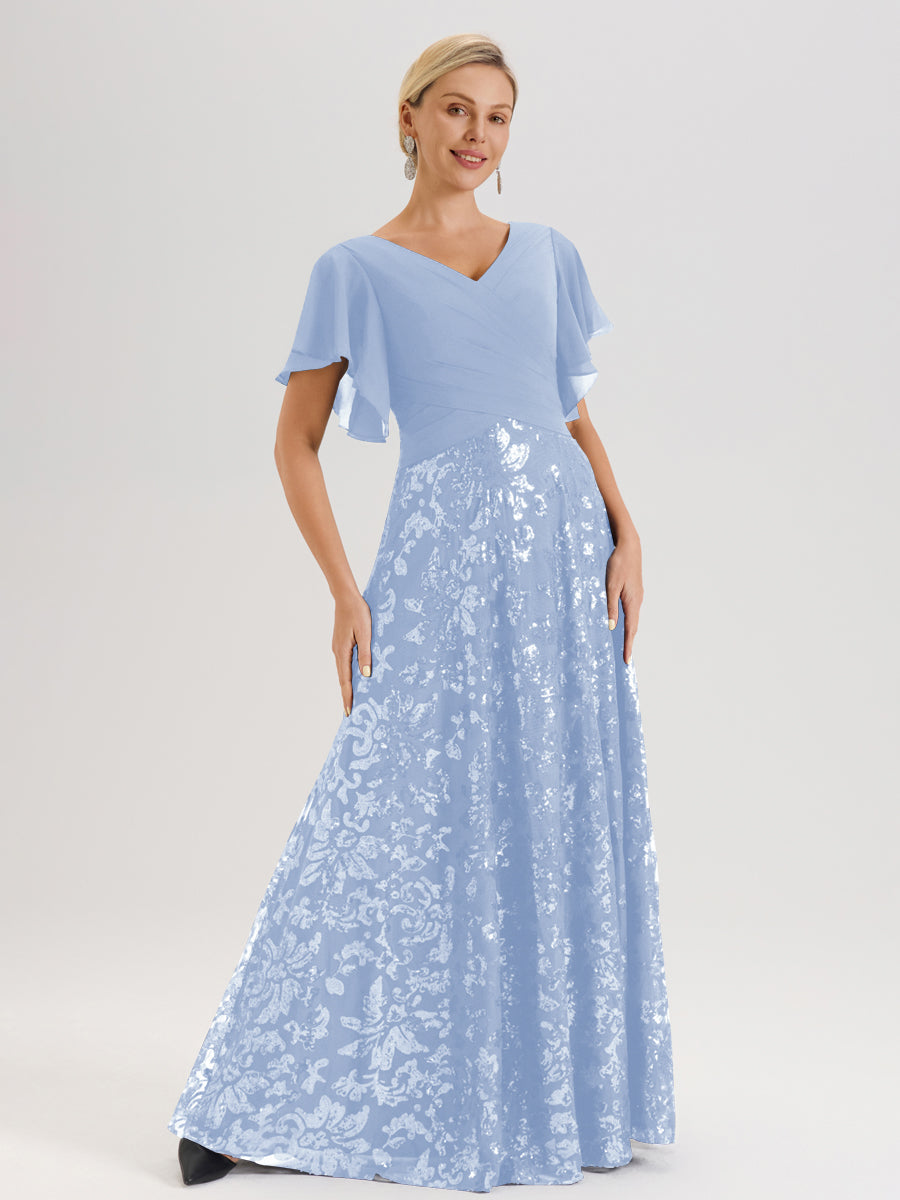 Cicinia Robe Mère De La Mariée Bleu Ciel Longueur Au Sol En Chiffon Et Dentelle Décolleté En V À Manches Courtes Volantées Silhouette A-Line