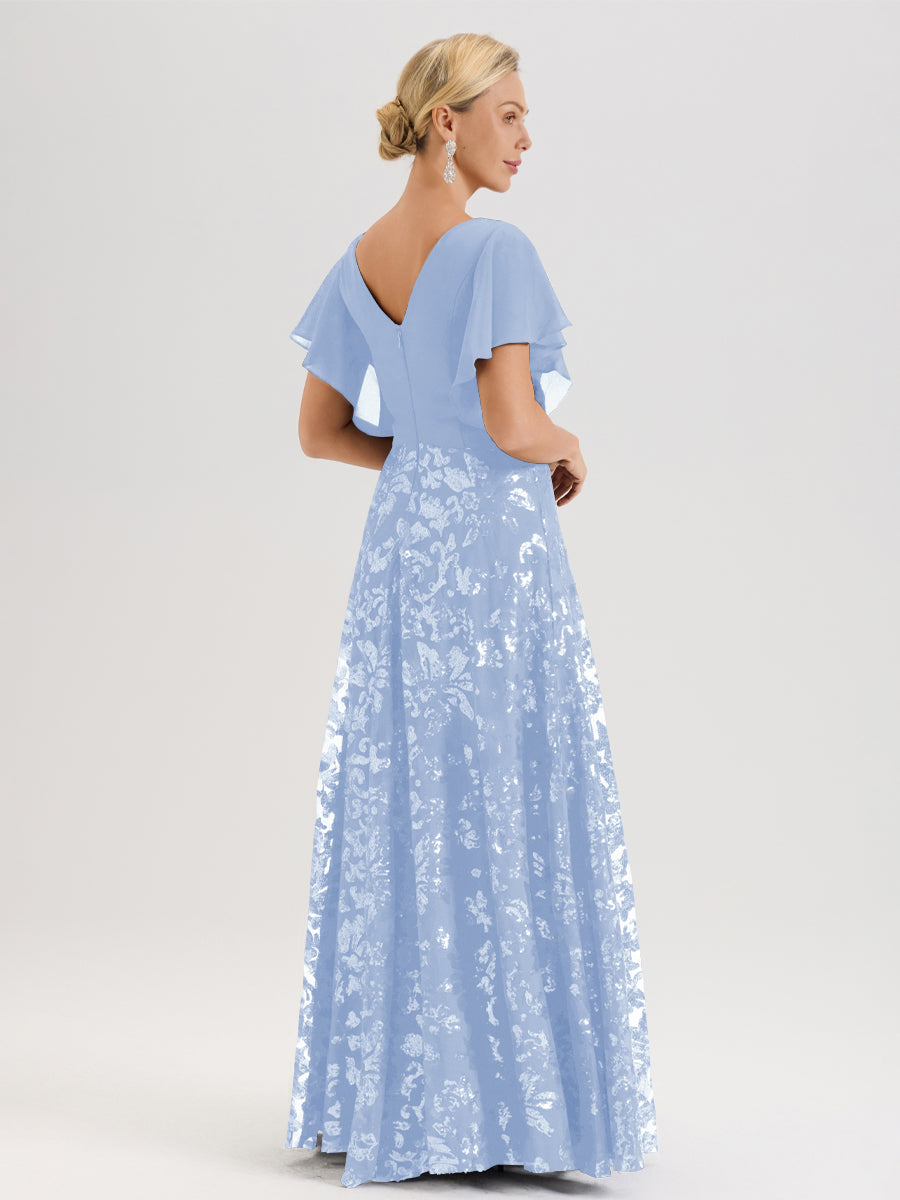 Cicinia Robe Mère De La Mariée Bleu Ciel Longueur Au Sol En Chiffon Et Dentelle Décolleté En V À Manches Courtes Volantées Silhouette A-Line