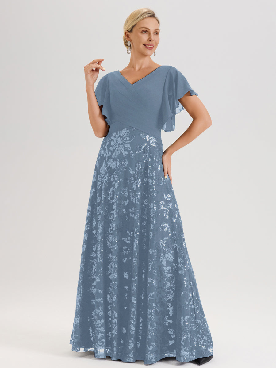 Cicinia Robe Mère De La Mariée Bleu De Schiste Longueur Au Sol En Chiffon Et Dentelle Décolleté En V À Manches Courtes Volantées Silhouette A-Line