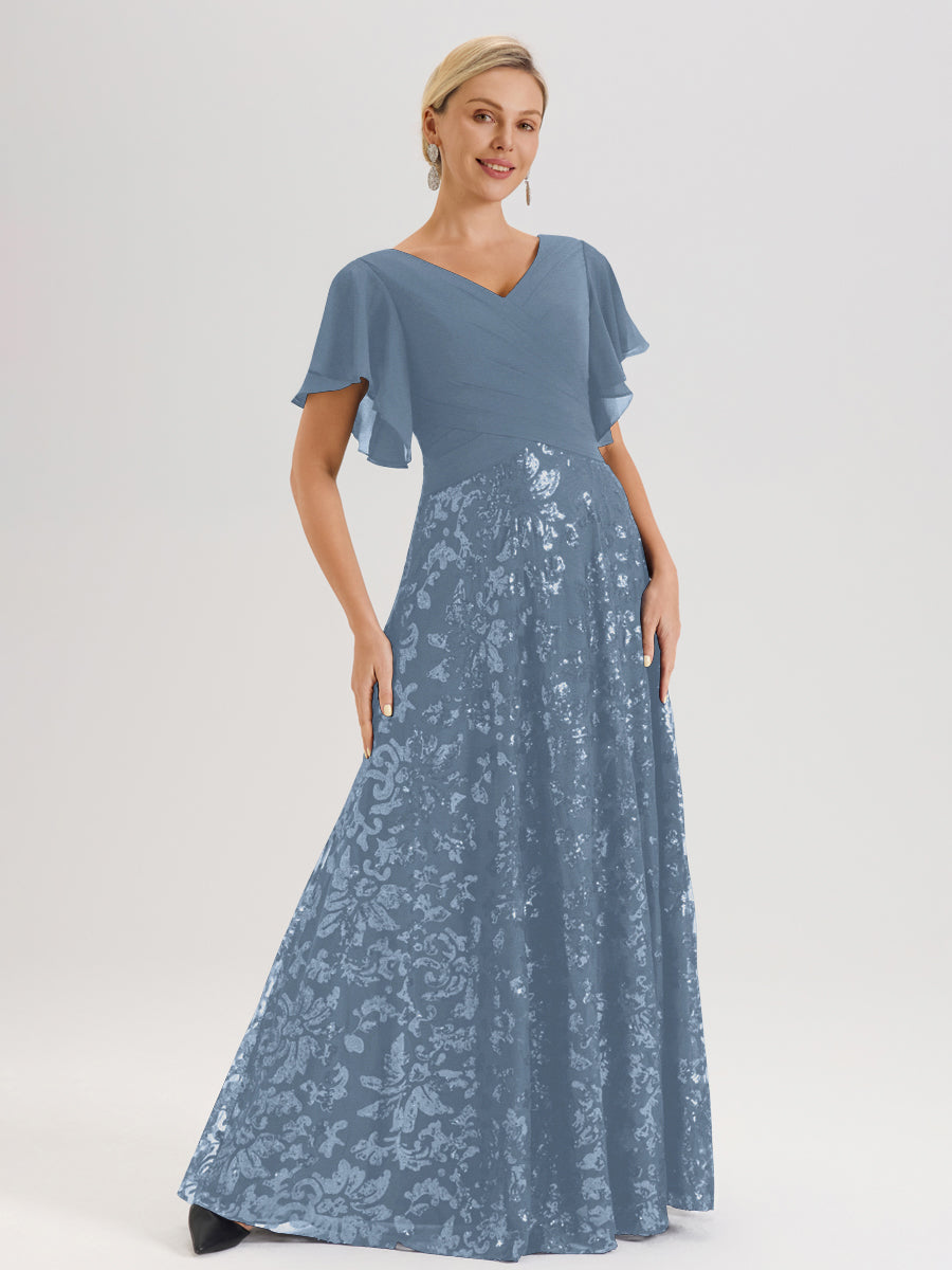 Cicinia Robe Mère De La Mariée Bleu De Schiste Longueur Au Sol En Chiffon Et Dentelle Décolleté En V À Manches Courtes Volantées Silhouette A-Line