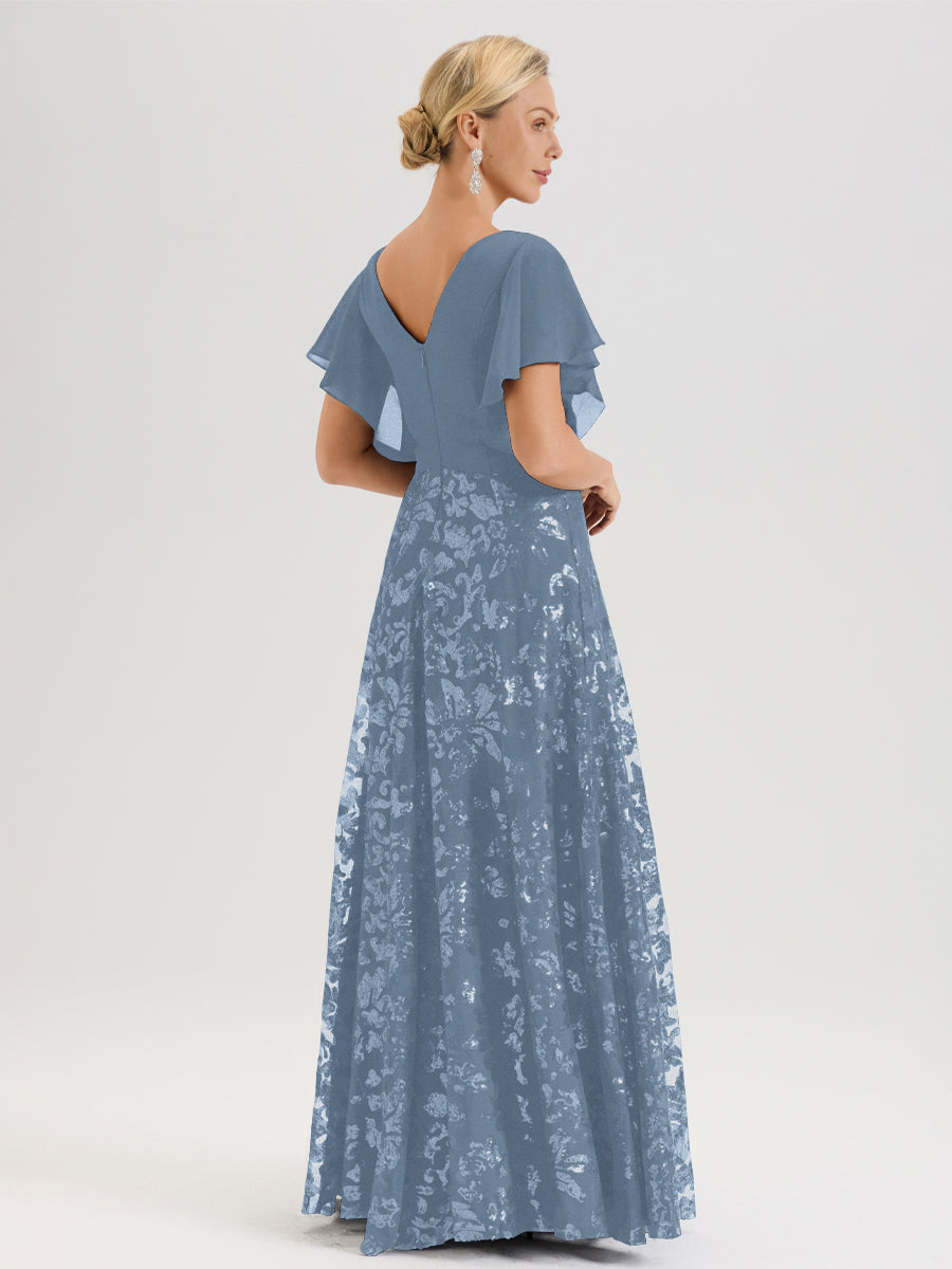 Cicinia Robe Mère De La Mariée Bleu De Schiste Longueur Au Sol En Chiffon Et Dentelle Décolleté En V À Manches Courtes Volantées Silhouette A-Line