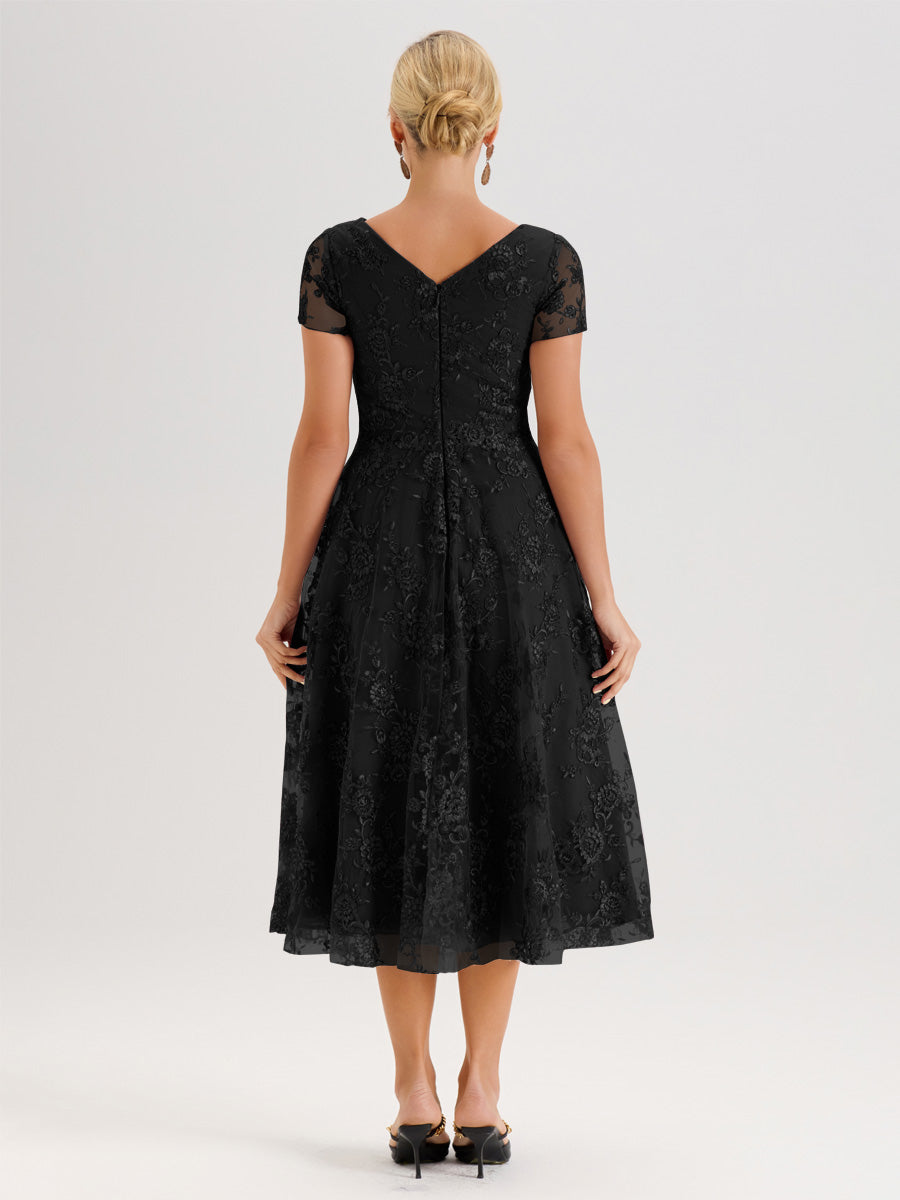 Cicinia Noir Robe Mère De La Mariée Col Ras Du Cou Manches Courtes En Mousseline Et Dentelle Longueur Mi-Mollet