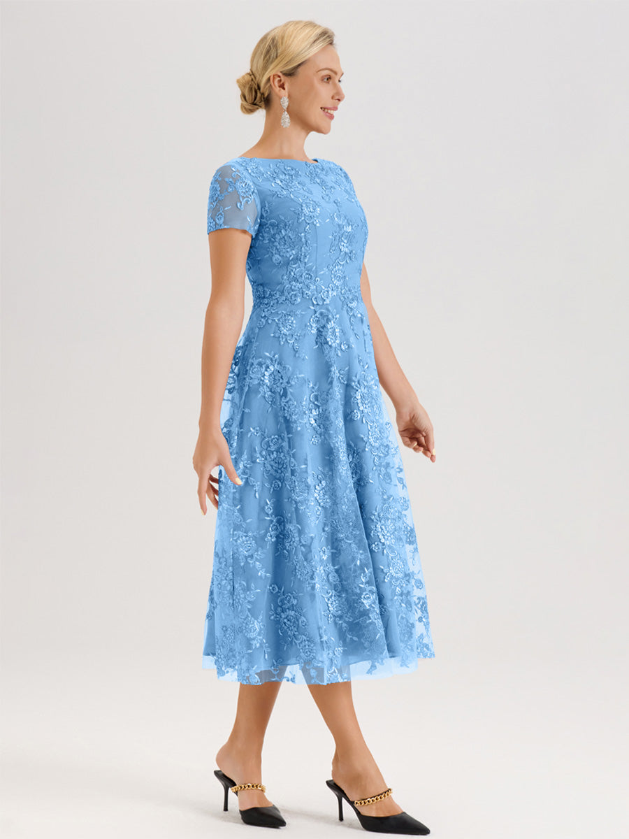 Cicinia Bleu Robe Mère De La Mariée Col Ras Du Cou Manches Courtes En Mousseline Et Dentelle Longueur Mi-Mollet