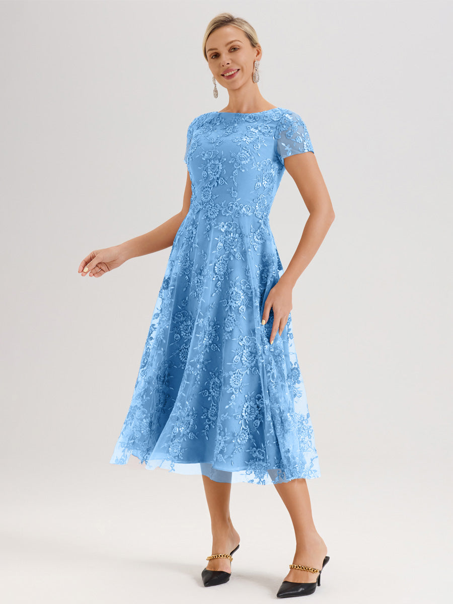 Cicinia Bleu Robe Mère De La Mariée Col Ras Du Cou Manches Courtes En Mousseline Et Dentelle Longueur Mi-Mollet