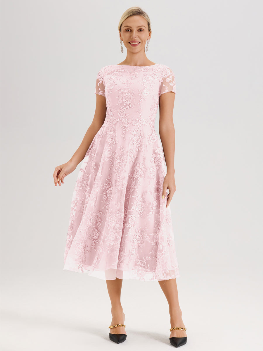 Cicinia Rose Pâle Robe Mère De La Mariée Col Ras Du Cou Manches Courtes En Mousseline Et Dentelle Longueur Mi-Mollet