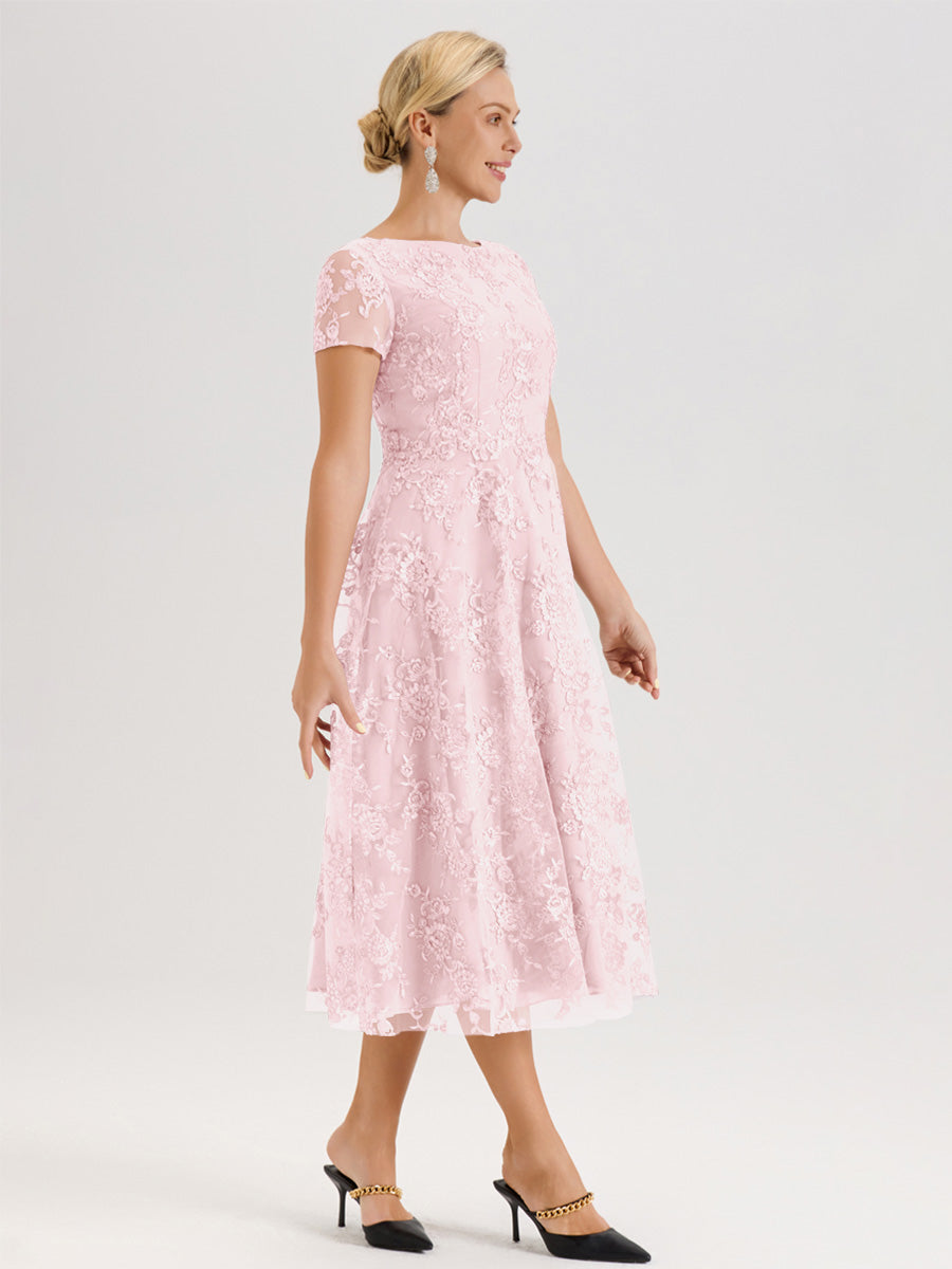 Cicinia Rose Pâle Robe Mère De La Mariée Col Ras Du Cou Manches Courtes En Mousseline Et Dentelle Longueur Mi-Mollet
