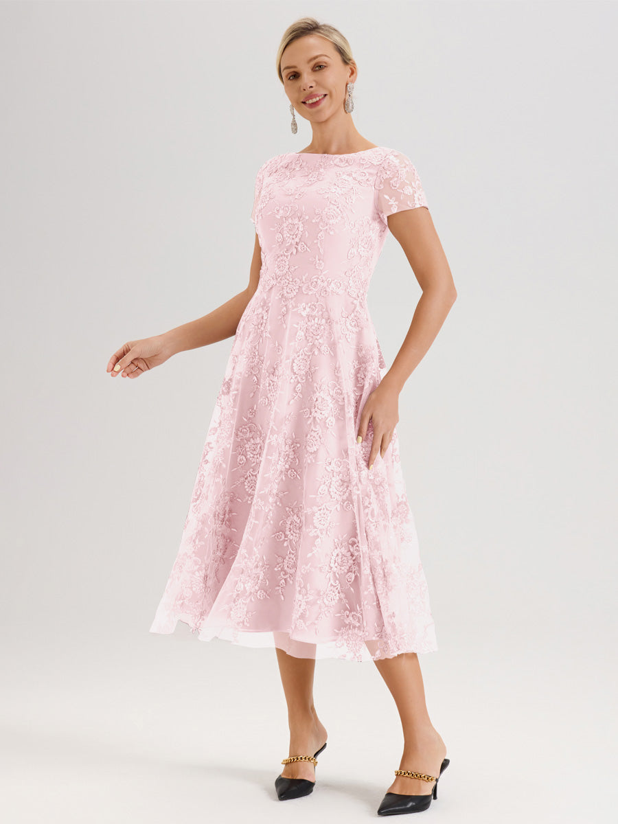 Cicinia Rose Pâle Robe Mère De La Mariée Col Ras Du Cou Manches Courtes En Mousseline Et Dentelle Longueur Mi-Mollet