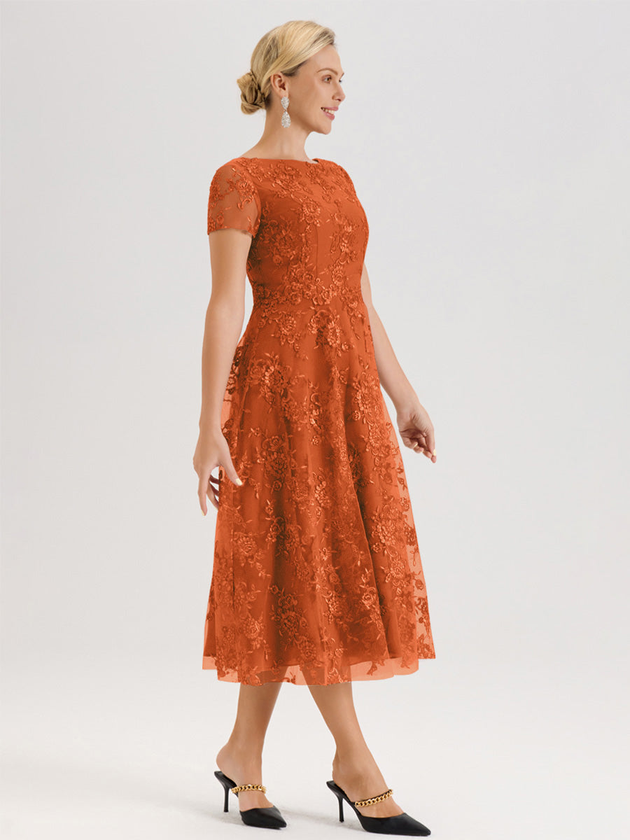 Cicinia Orange Brûlé Robe Mère De La Mariée Col Ras Du Cou Manches Courtes En Mousseline Et Dentelle Longueur Mi-Mollet