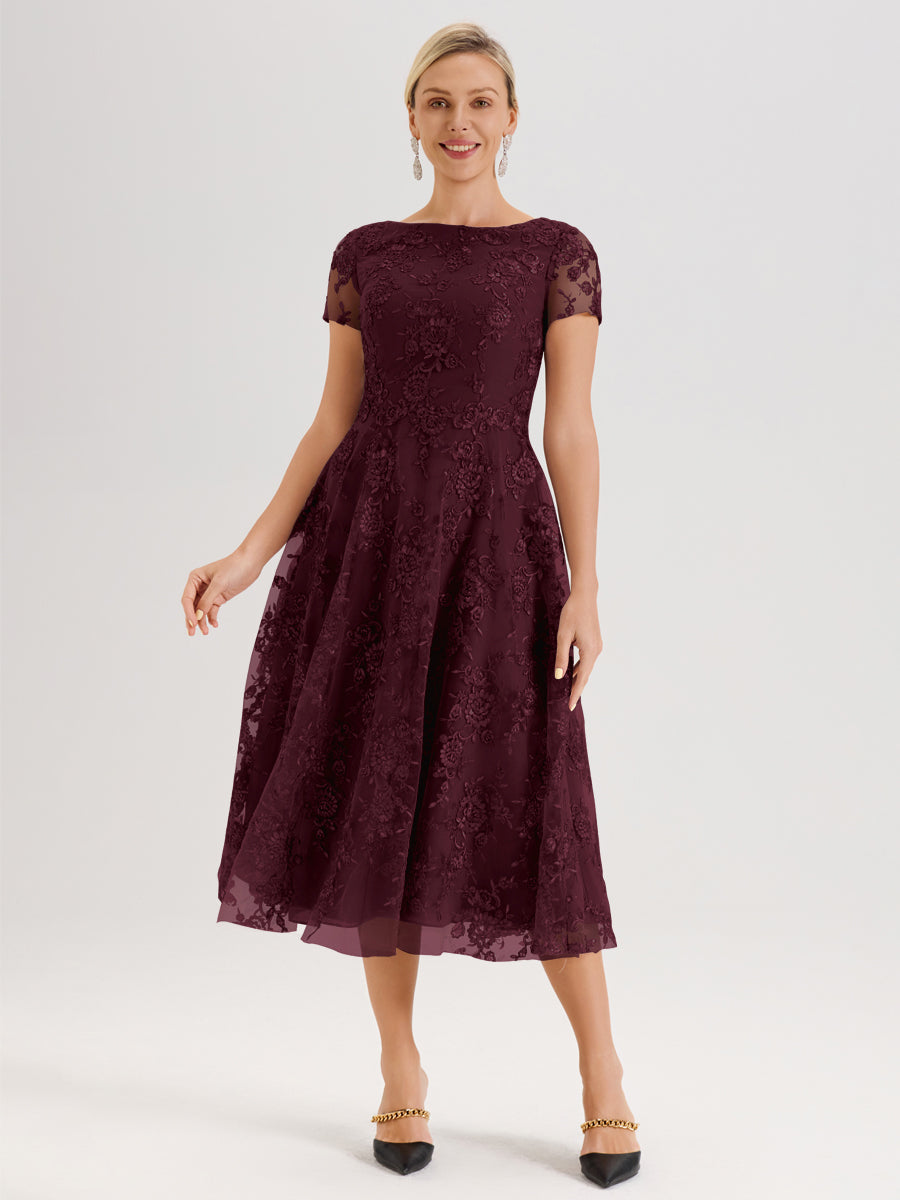 Cicinia Cabernet Robe Mère De La Mariée Col Ras Du Cou Manches Courtes En Mousseline Et Dentelle Longueur Mi-Mollet
